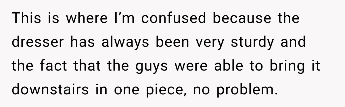 This is where I’m confused because the dresser has always been very sturdy and the fact that the guys were able to bring it downstairs in one piece, no problem.
