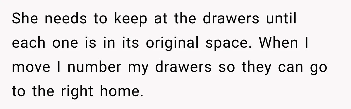 She needs to keep at the drawers until each one is in its original space. When I move I number my drawers so they can go to the right home.