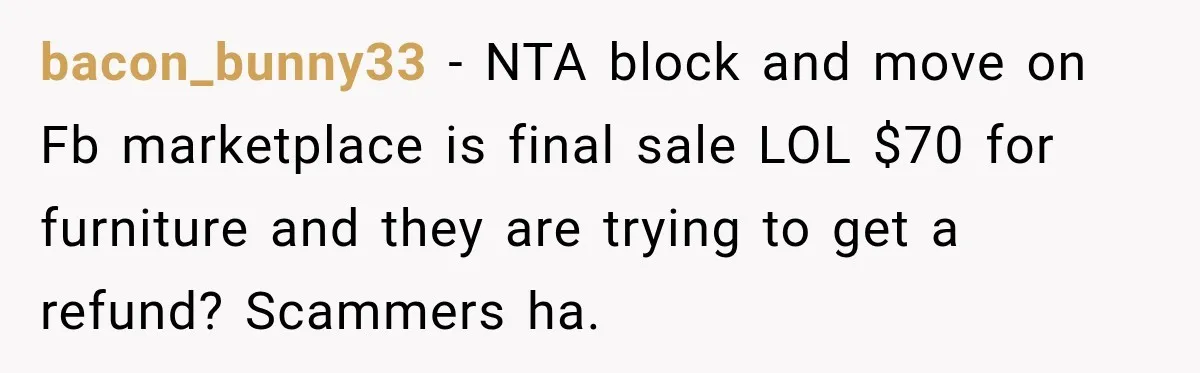 bacon_bunny33 − NTA block and move on Fb marketplace is final sale LOL $70 for furniture and they are trying to get a refund? Scammers ha.