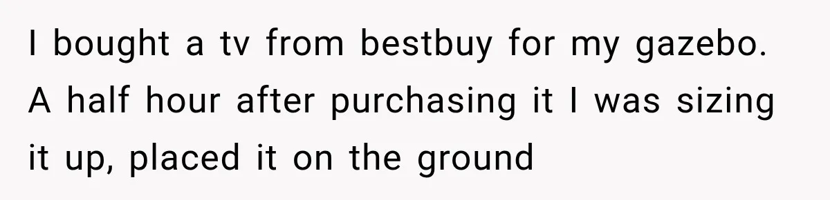 I bought a tv from bestbuy for my gazebo. A half hour after purchasing it I was sizing it up, placed it on the ground
