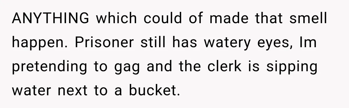 ANYTHING which could of made that smell happen. Prisoner still has watery eyes, Im pretending to gag and the clerk is sipping water next to a bucket.