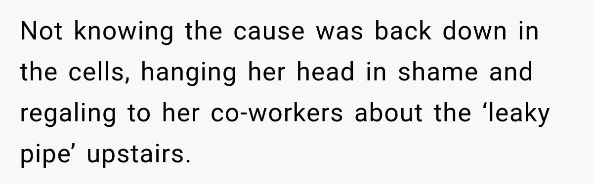 Not knowing the cause was back down in the cells, hanging her head in shame and regaling to her co-workers about the ‘leaky pipe’ upstairs.