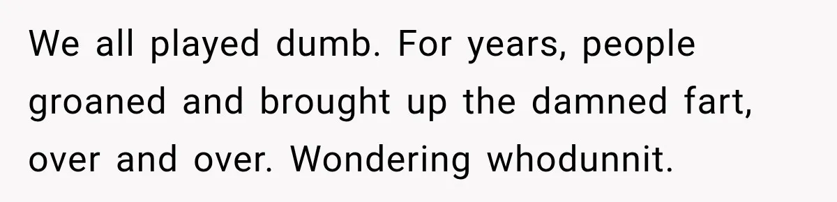 We all played dumb. For years, people groaned and brought up the damned fart, over and over. Wondering whodunnit.