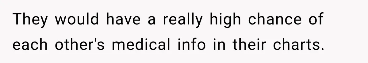 They would have a really high chance of each other's medical info in their charts.