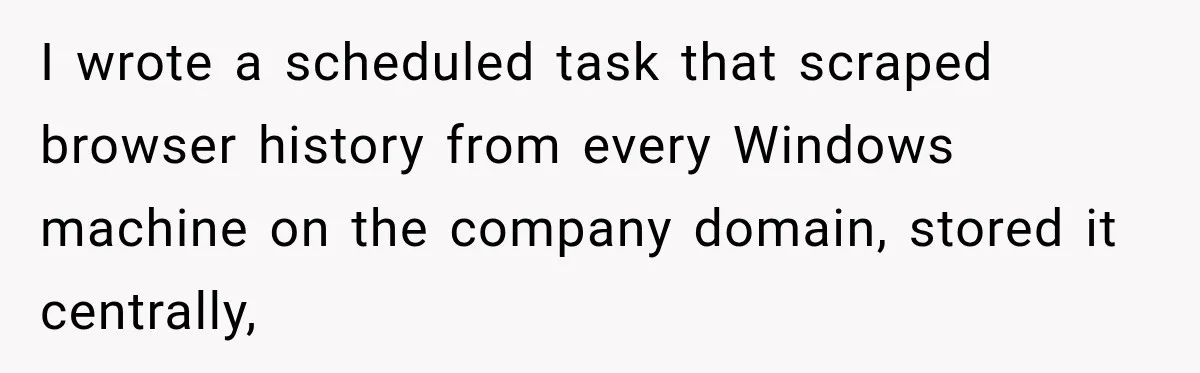 I wrote a scheduled task that scraped browser history from every Windows machine on the company domain, stored it centrally,