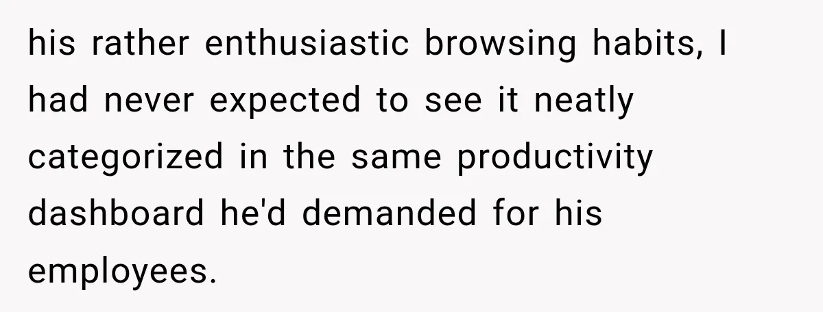 his rather enthusiastic browsing habits, I had never expected to see it neatly categorized in the same productivity dashboard he'd demanded for his employees.