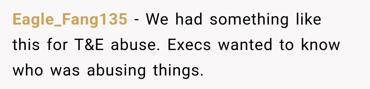 Eagle_Fang135 − We had something like this for T&E abuse. Execs wanted to know who was abusing things.