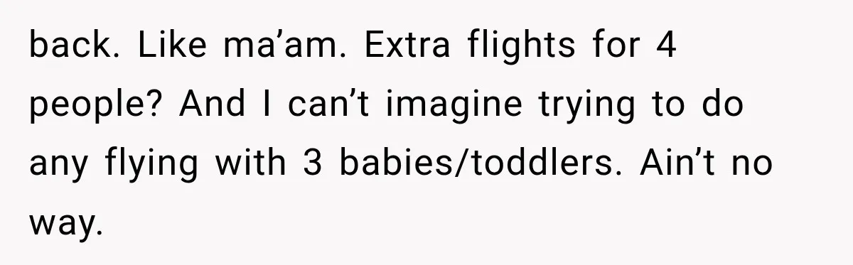 back. Like ma’am. Extra flights for 4 people? And I can’t imagine trying to do any flying with 3 babies/toddlers. Ain’t no way.