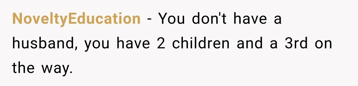 NoveltyEducation − You don't have a husband, you have 2 children and a 3rd on the way.