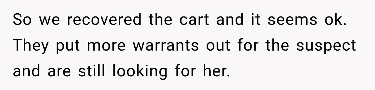 So we recovered the cart and it seems ok. They put more warrants out for the suspect and are still looking for her.