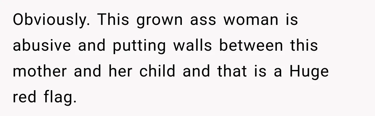 Obviously. This grown ass woman is abusive and putting walls between this mother and her child and that is a Huge red flag.