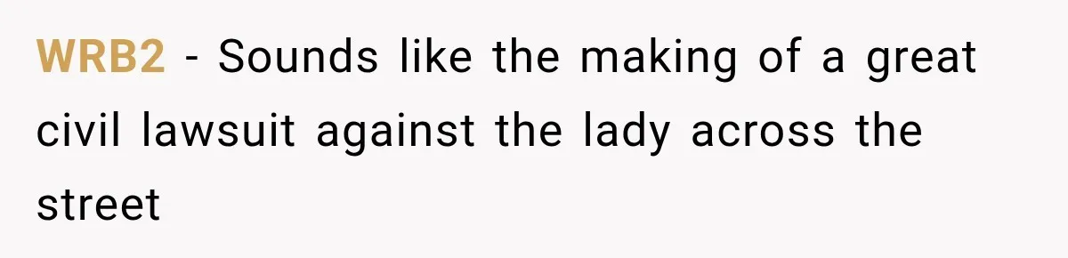 WRB2 − Sounds like the making of a great civil lawsuit against the lady across the street