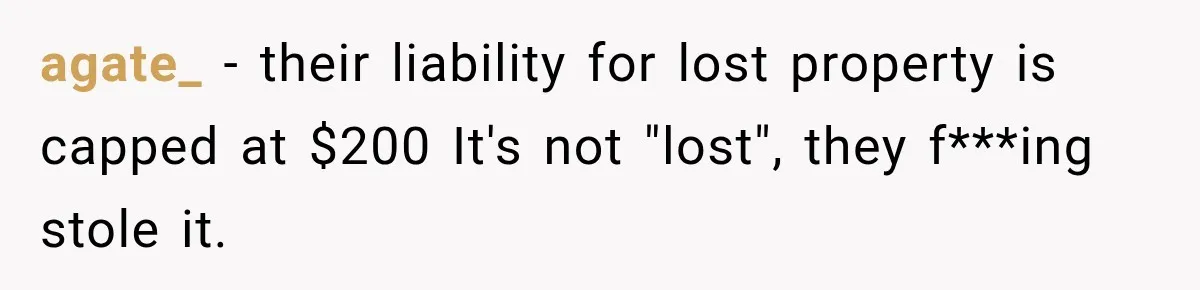 agate_ − their liability for lost property is capped at $200 It's not "lost", they f***ing stole it.