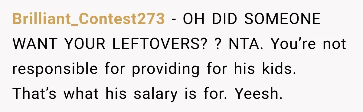 Brilliant_Contest273 − OH DID SOMEONE WANT YOUR LEFTOVERS? ? NTA. You’re not responsible for providing for his kids. That’s what his salary is for. Yeesh.