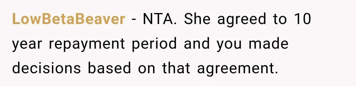 LowBetaBeaver − NTA. She agreed to 10 year repayment period and you made decisions based on that agreement.