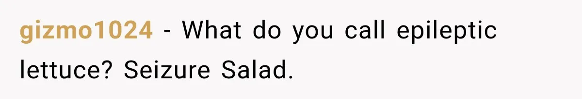 gizmo1024 − What do you call epileptic lettuce? Seizure Salad.