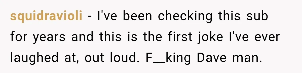 squidravioli − I've been checking this sub for years and this is the first joke I've ever laughed at, out loud. F__king Dave man.