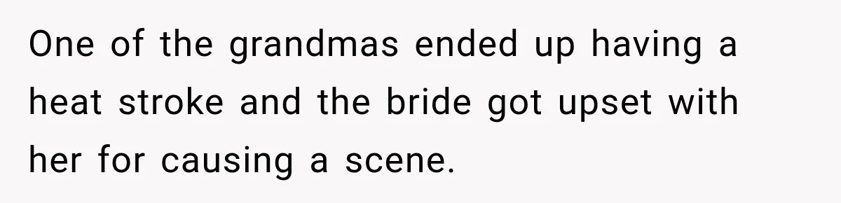 One of the grandmas ended up having a heat stroke and the bride got upset with her for causing a scene.
