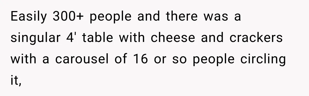 Easily 300+ people and there was a singular 4' table with cheese and crackers with a carousel of 16 or so people circling it,
