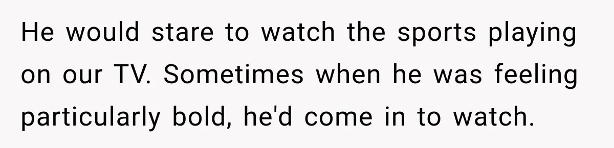 He would stare to watch the sports playing on our TV. Sometimes when he was feeling particularly bold, he'd come in to watch.