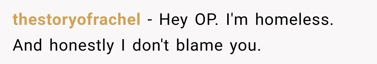 thestoryofrachel − Hey OP. I'm homeless. And honestly I don't blame you.