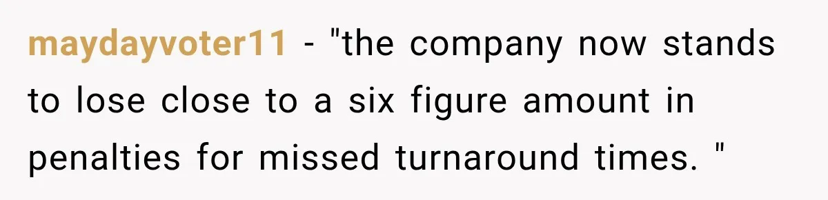 maydayvoter11 − "the company now stands to lose close to a six figure amount in penalties for missed turnaround times. "
