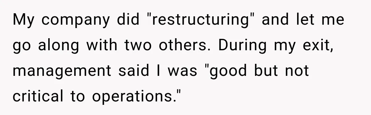 My company did "restructuring" and let me go along with two others. During my exit, management said I was "good but not critical to operations."