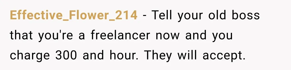 Effective_Flower_214 − Tell your old boss that you're a freelancer now and you charge 300 and hour. They will accept.