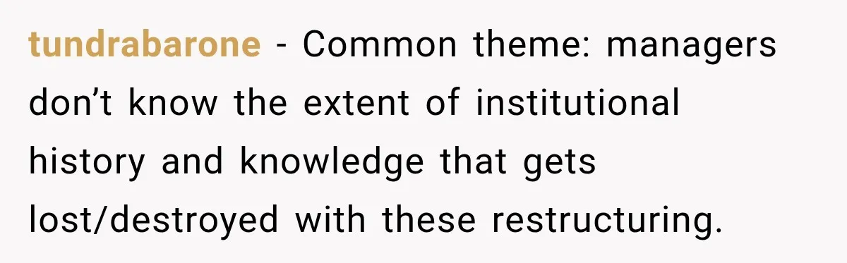 tundrabarone − Common theme: managers don’t know the extent of institutional history and knowledge that gets lost/destroyed with these restructuring.
