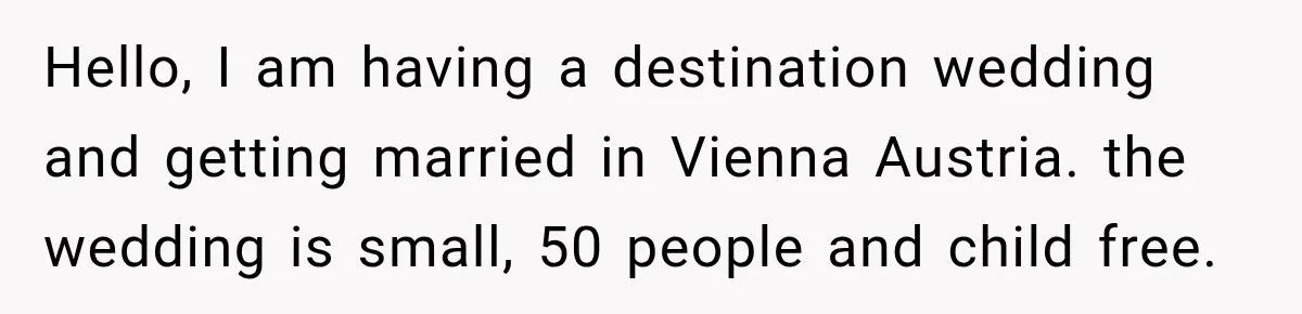 Hello, I am having a destination wedding and getting married in Vienna Austria. the wedding is small, 50 people and child free.