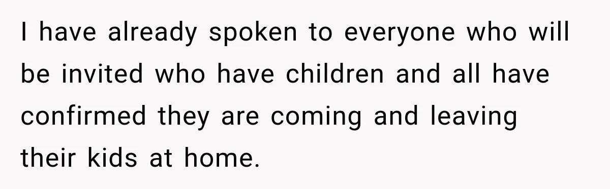 I have already spoken to everyone who will be invited who have children and all have confirmed they are coming and leaving their kids at home.