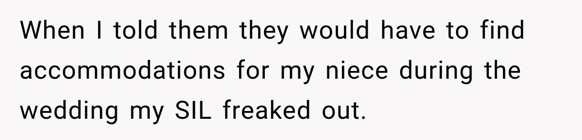 When I told them they would have to find accommodations for my niece during the wedding my SIL freaked out.