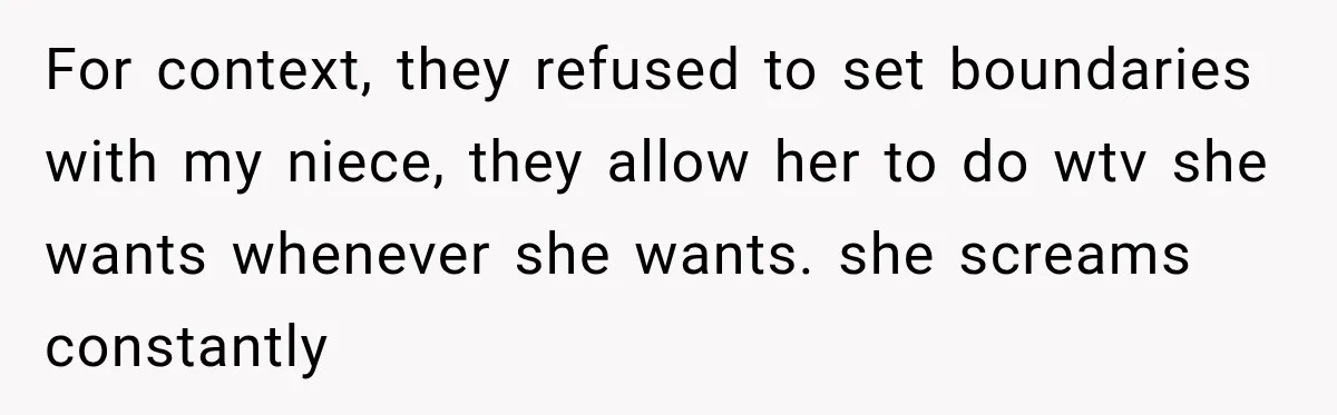 For context, they refused to set boundaries with my niece, they allow her to do wtv she wants whenever she wants. she screams constantly