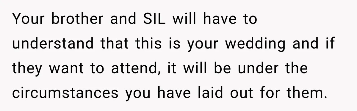 Your brother and SIL will have to understand that this is your wedding and if they want to attend, it will be under the circumstances you have laid out for...