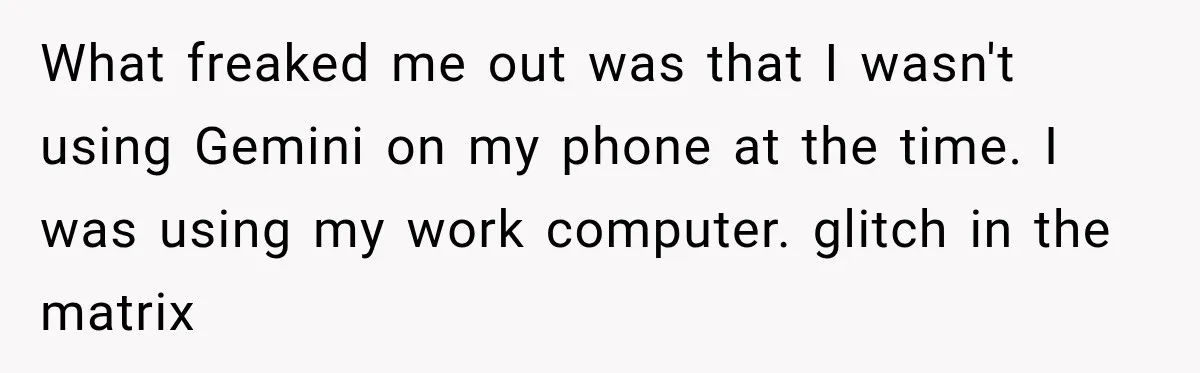 What freaked me out was that I wasn't using Gemini on my phone at the time. I was using my work computer. glitch in the matrix