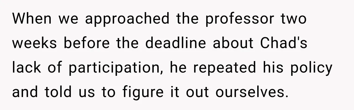 When we approached the professor two weeks before the deadline about Chad's lack of participation, he repeated his policy and told us to figure it out ourselves.
