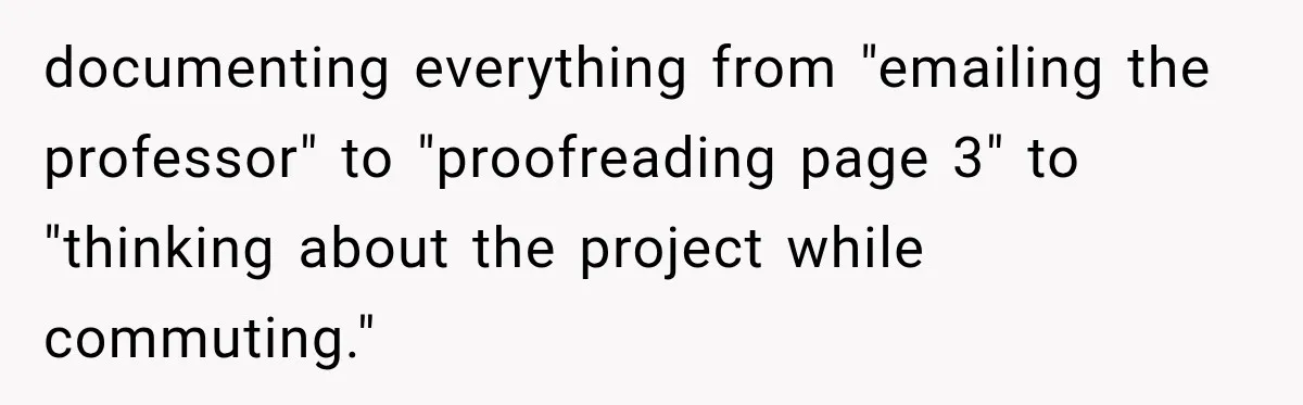 documenting everything from "emailing the professor" to "proofreading page 3" to "thinking about the project while commuting."