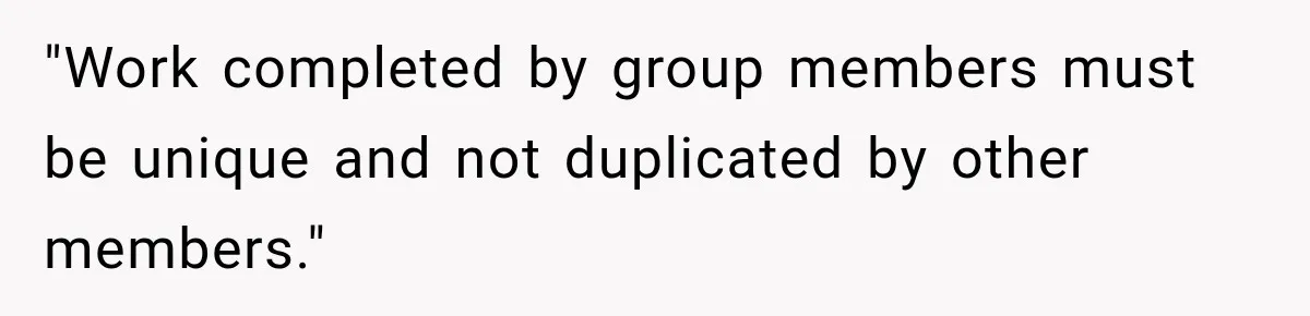 "Work completed by group members must be unique and not duplicated by other members."