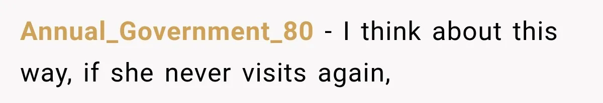 Woman Asks SIL to Stop Planning Visits to Her House, Then Gets Accused of Not Liking Her Annual_Government_80 − I think about this way, if she never visits again,
