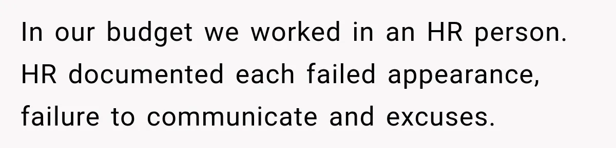 In our budget we worked in an HR person. HR documented each failed appearance, failure to communicate and excuses.