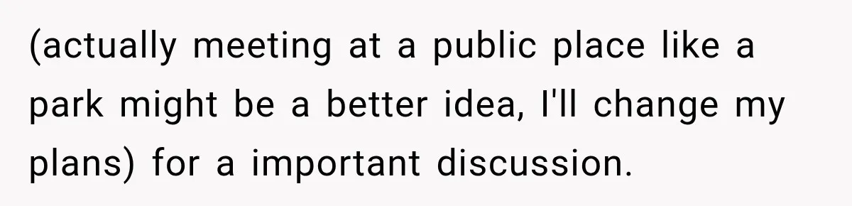 (actually meeting at a public place like a park might be a better idea, I'll change my plans) for a important discussion.