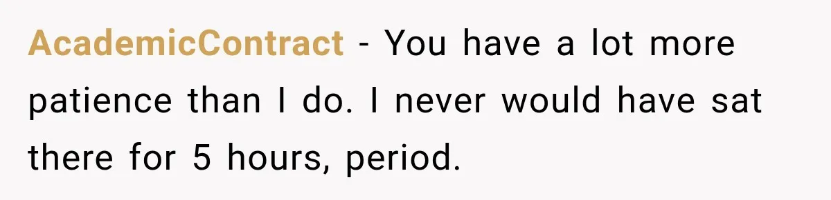 AcademicContract − You have a lot more patience than I do. I never would have sat there for 5 hours, period.