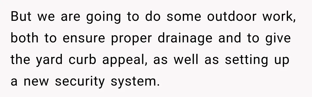 But we are going to do some outdoor work, both to ensure proper drainage and to give the yard curb appeal, as well as setting up a new security system.