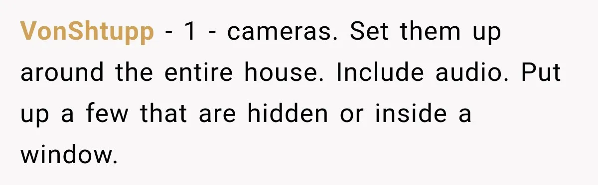 VonShtupp − 1 - cameras. Set them up around the entire house. Include audio. Put up a few that are hidden or inside a window.