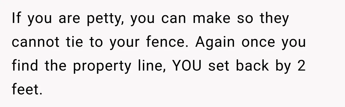 If you are petty, you can make so they cannot tie to your fence. Again once you find the property line, YOU set back by 2 feet.