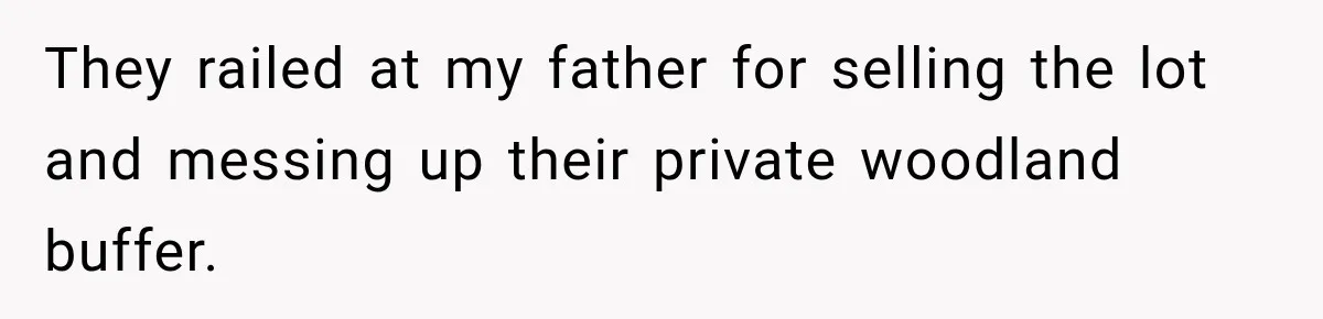 They railed at my father for selling the lot and messing up their private woodland buffer.