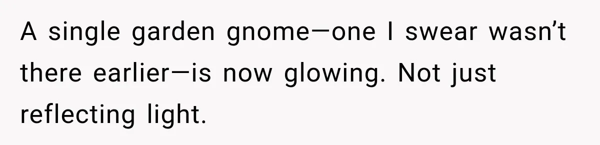 A single garden gnome—one I swear wasn’t there earlier—is now glowing. Not just reflecting light.