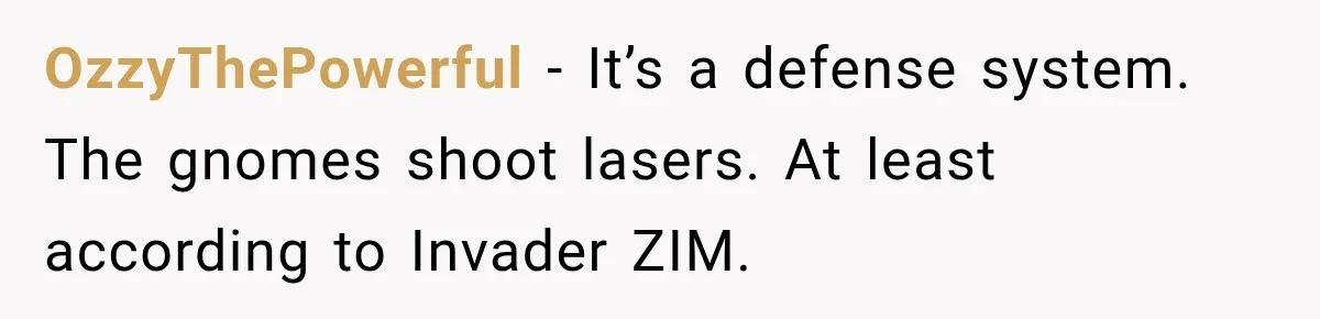 OzzyThePowerful − It’s a defense system. The gnomes shoot lasers. At least according to Invader ZIM.