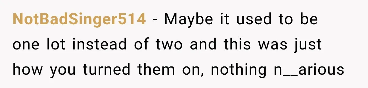 NotBadSinger514 − Maybe it used to be one lot instead of two and this was just how you turned them on, nothing n__arious