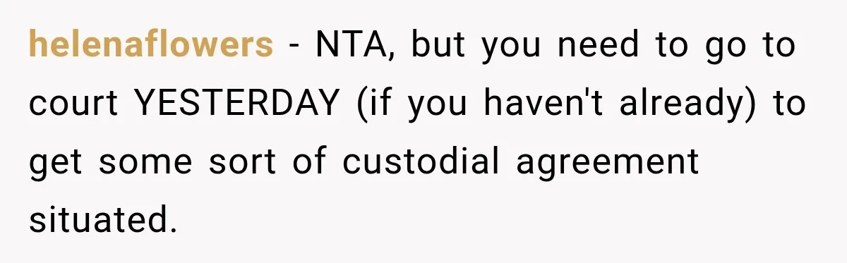 helenaflowers − NTA, but you need to go to court YESTERDAY (if you haven't already) to get some sort of custodial agreement situated.